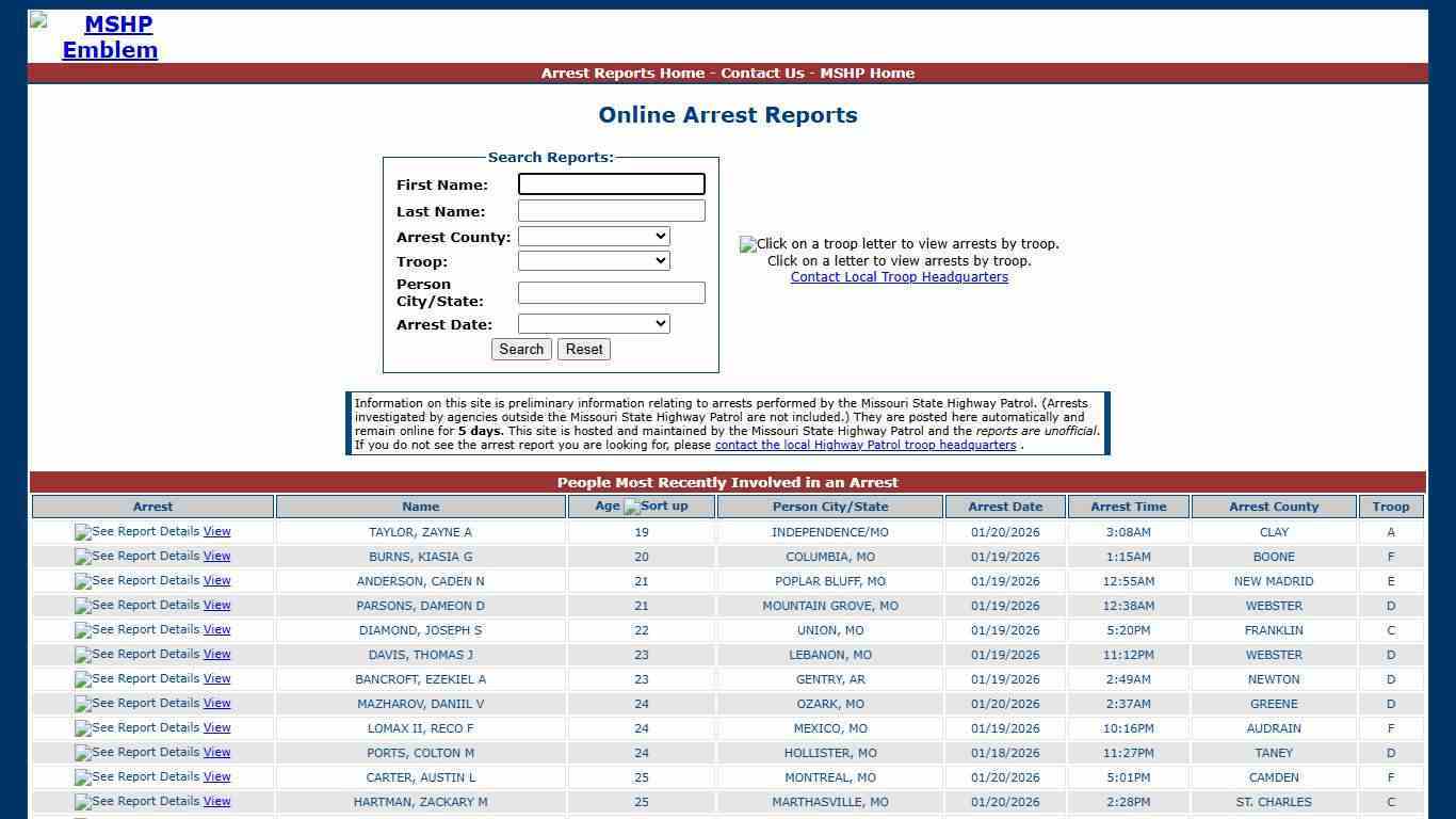 Missouri State Highway Patrol - Arrest Reports